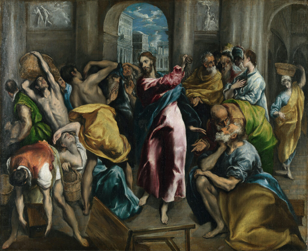 Schilderij van Jezus met mensen om zich heen in chaos. 