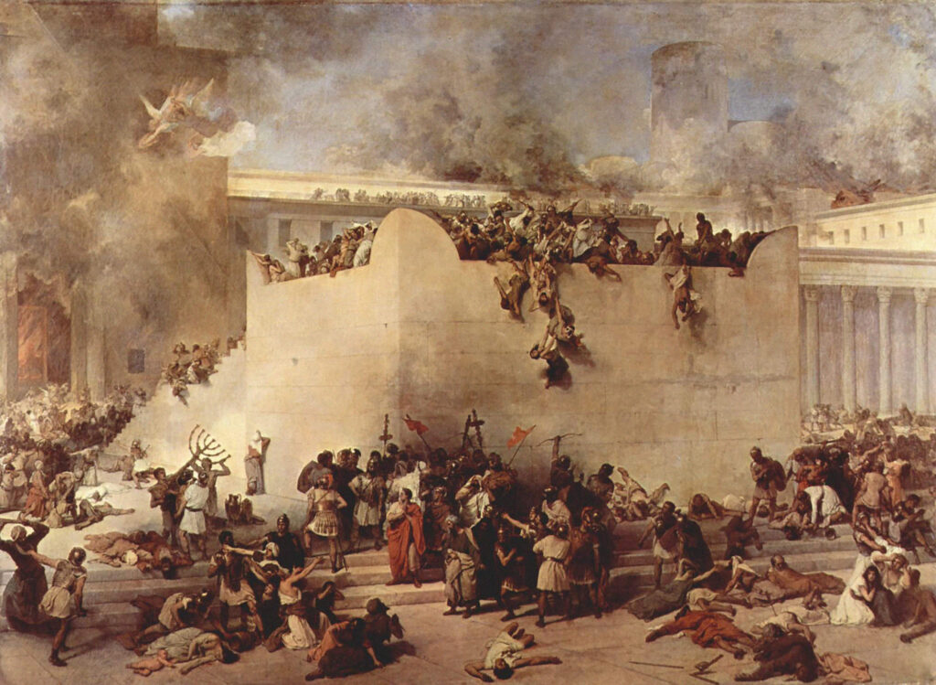 In het jaar 70 verwoestten de Romeinen de Joodse tempel in Jeruzalem, schilderij. 