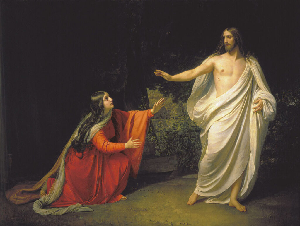 Maria ziet de herrezen Jezus nadat hij aan het kruis gestorven was, schilderij.
