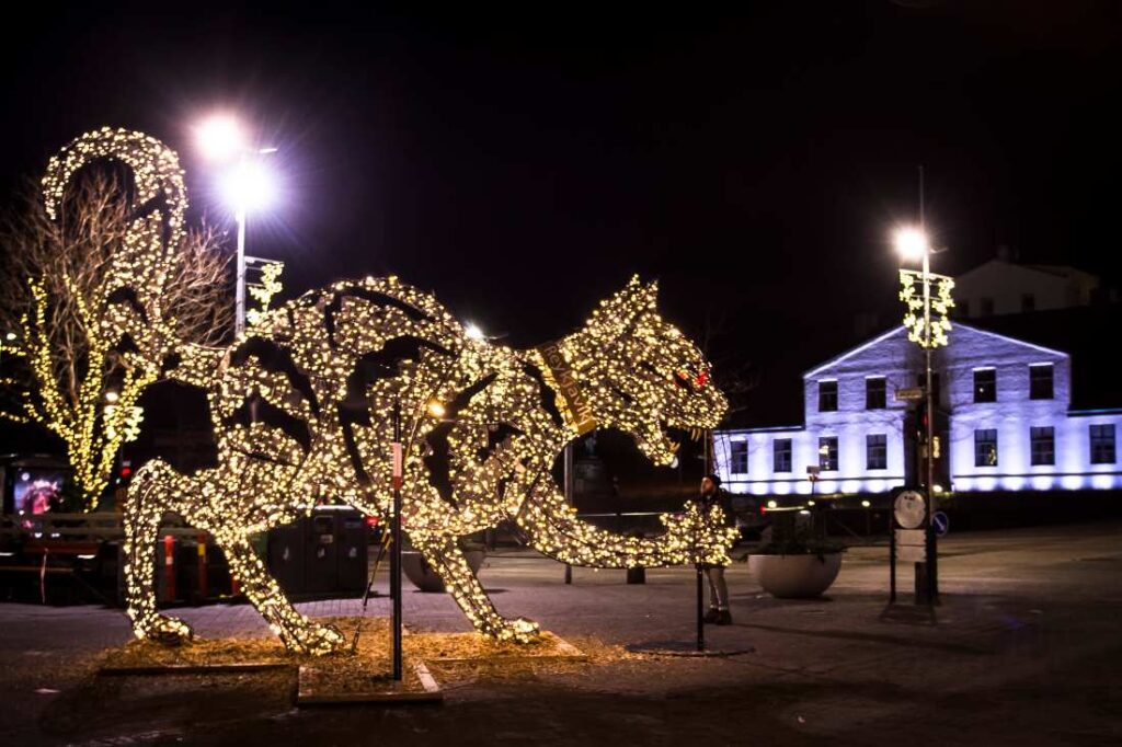 Een lichtgevende kerstmiskat in Reykjavik
