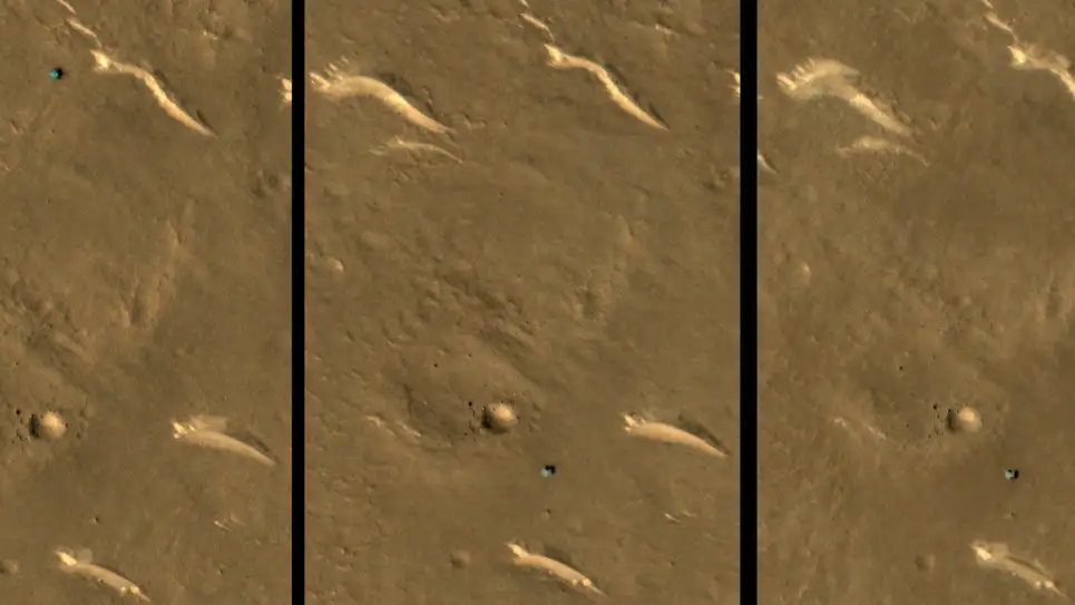 Satellietfoto's van een gebied op Mars. Links: 11 maart. Midden: 8 september. Rechts: 7 februari. De Zhurong is het blauwgroene rondje en heeft tussen september en februari zijn plek niet verlaten.