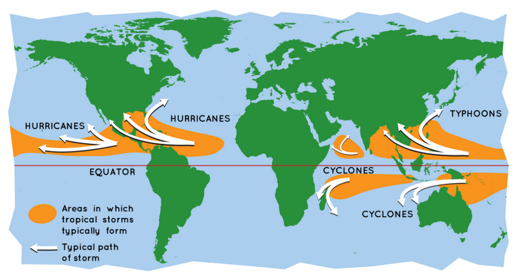 Wereld aart met benaming van orkanen