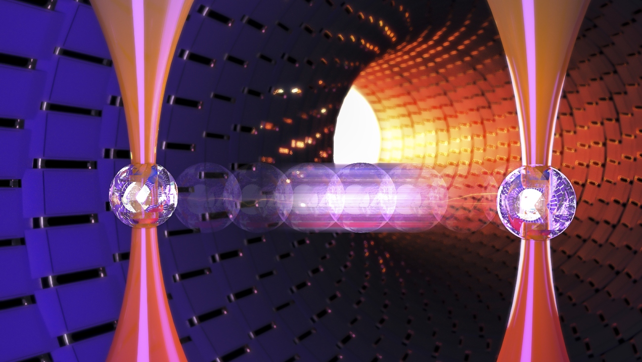 Een impressie van een atoom die tussen twee optische pincetten wordt 'gegooid'