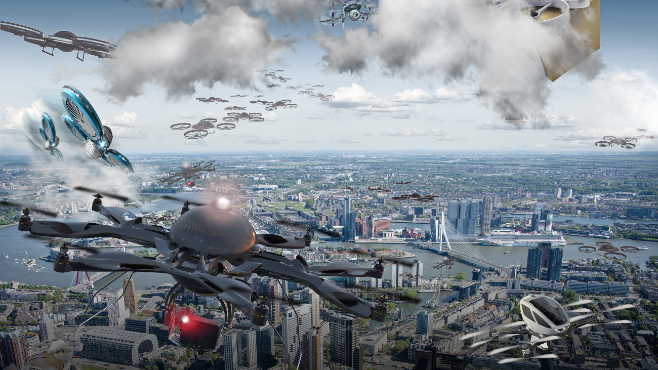 Drones boven een stad