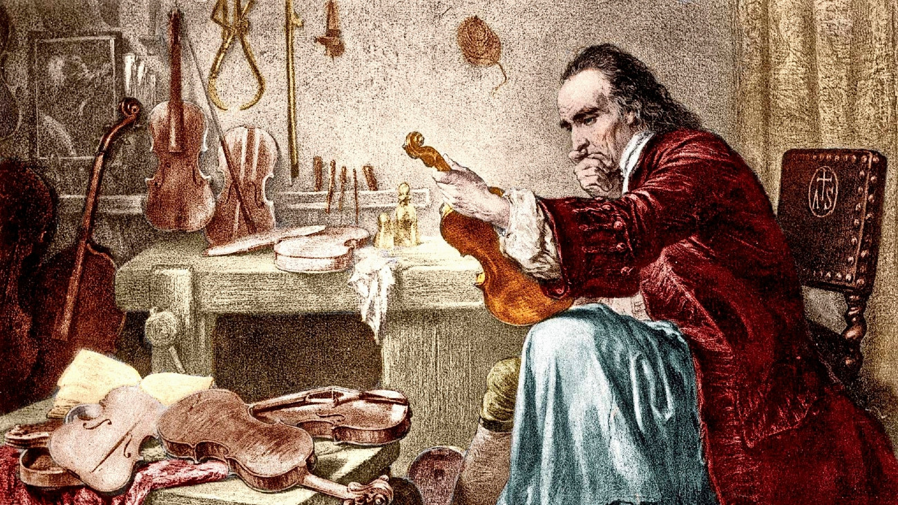 Schilderij van Antionio Stradivari met Stradivarius