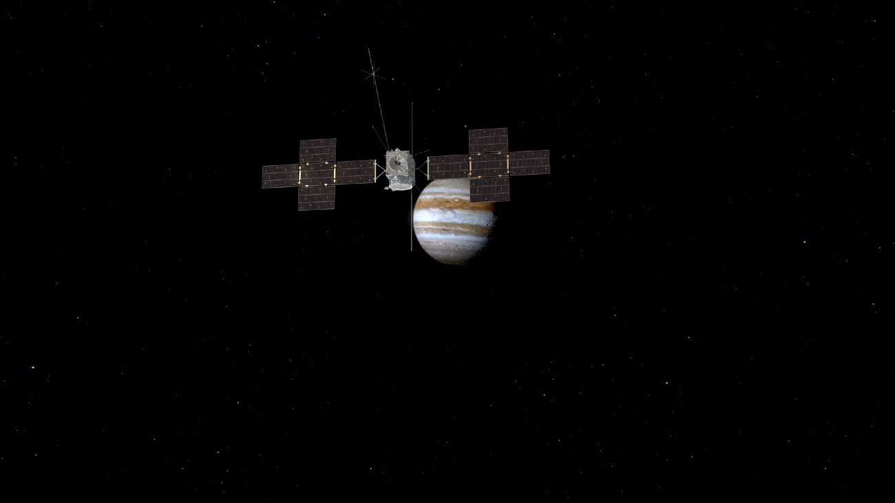 Illustratie van JUICE op weg naar Jupiter. Inmiddels staat het J-MAG-instrument aan.