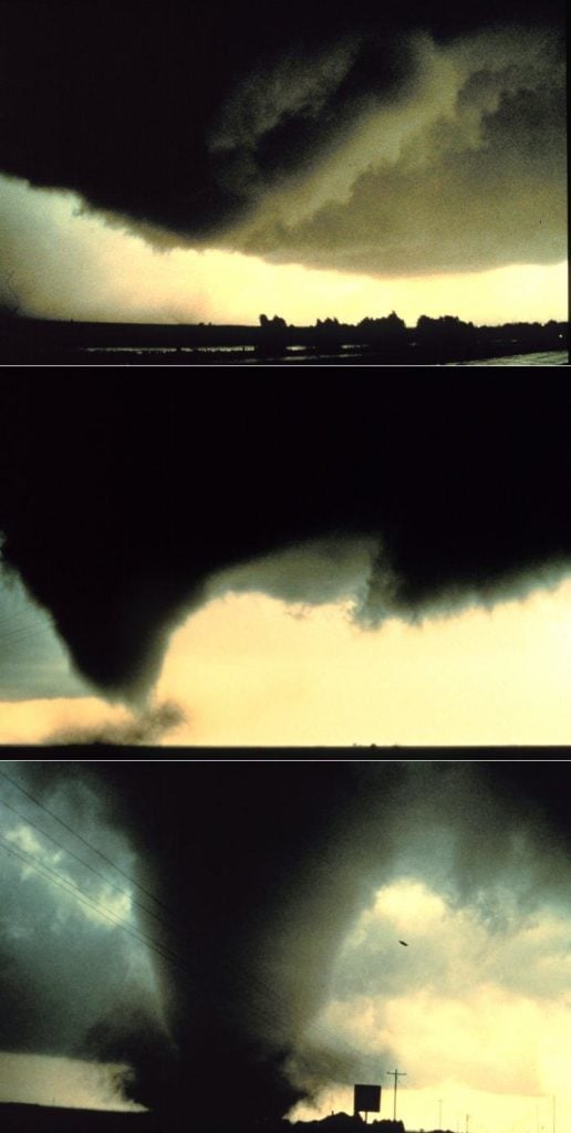 Drieluik van de vorming van een tornado