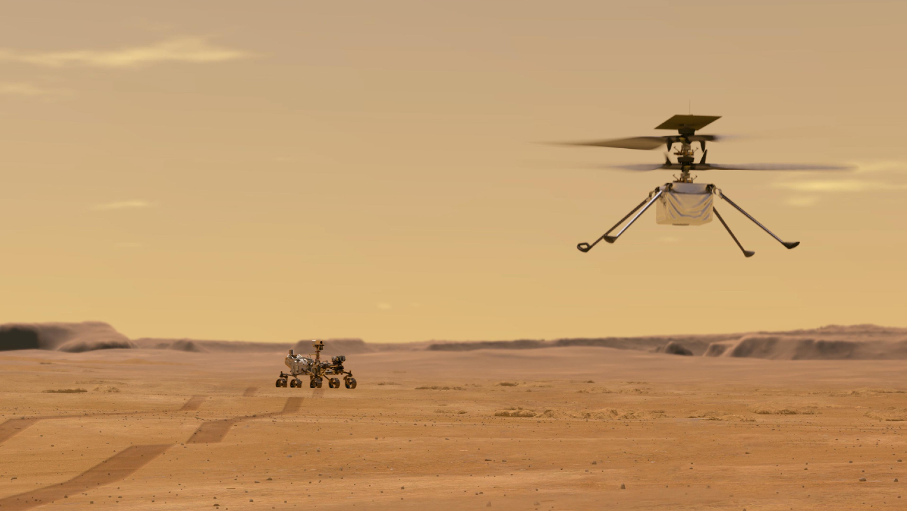 Ingenuitiy en Perserverance-rover op Mars, deze registreren enkele geluiden.