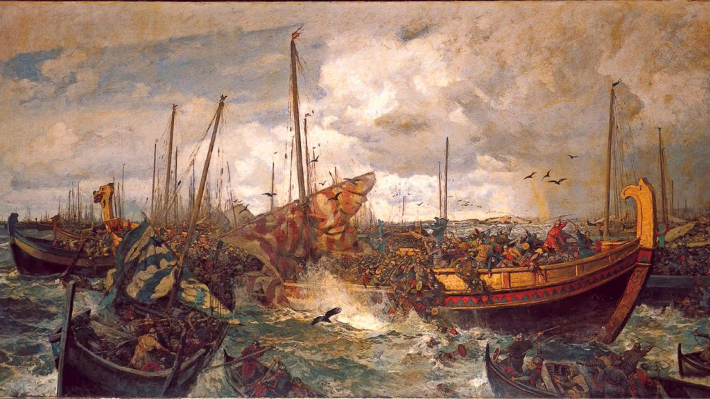 Vikingen vechten op schepen. De Vikingstad Jomsborg is nooit gevonden