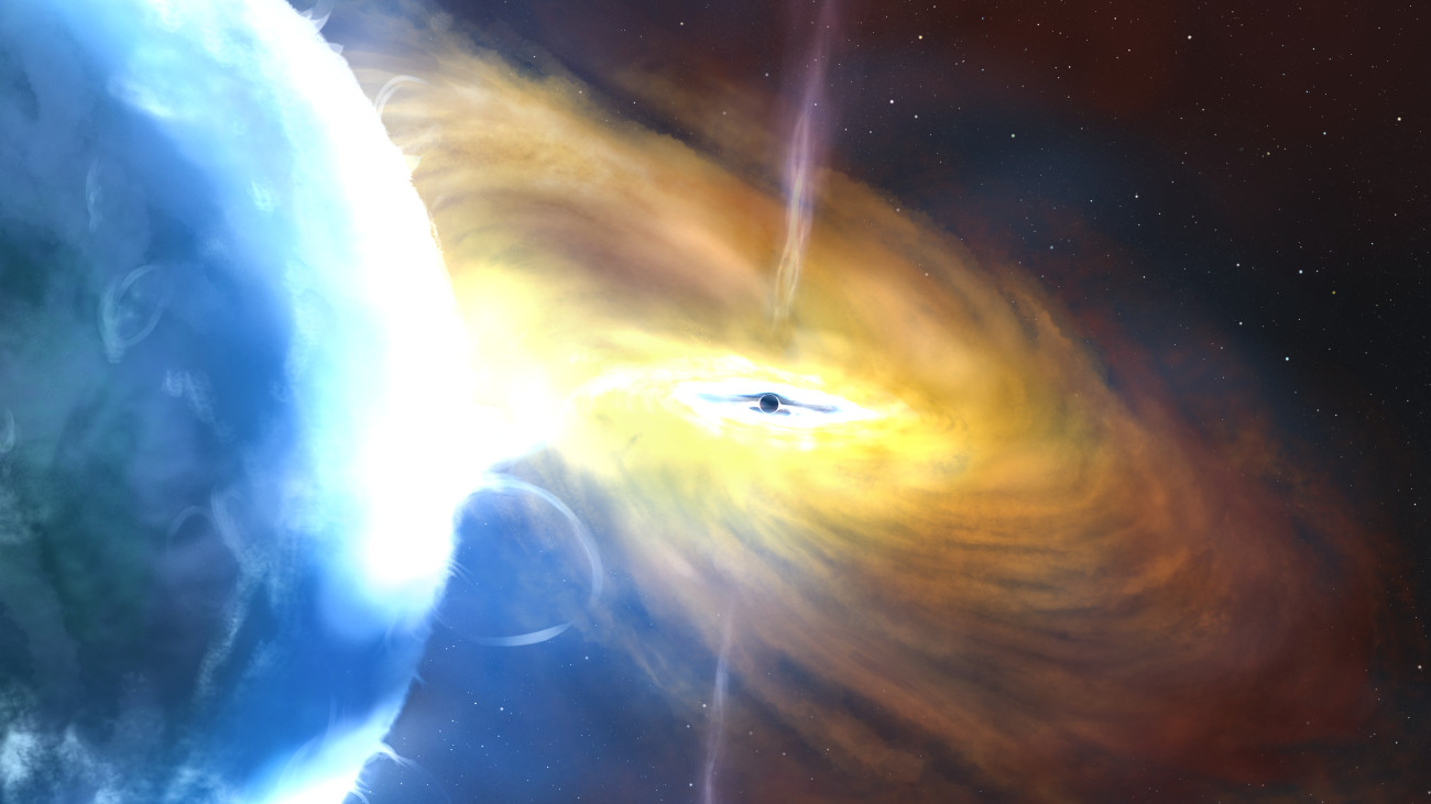 Artistieke impressie van een zwart gat dat materiaal naar binnen slokt. Daarbij kan een explosie ontstaan, zoals AT2021lwx