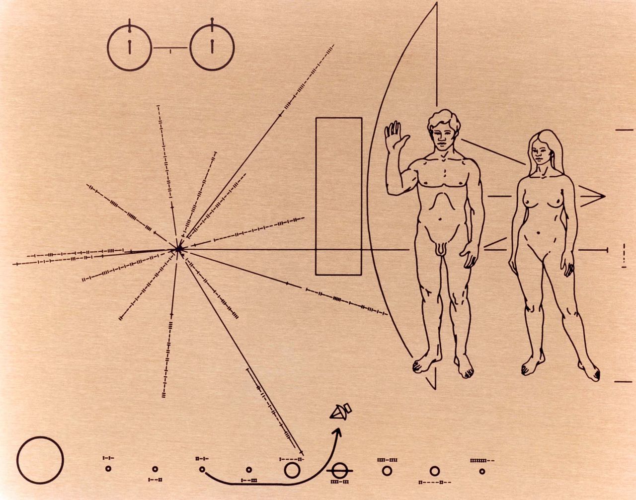 Pioneer 10 aluminium plaatje met informatie over de mensheid.  