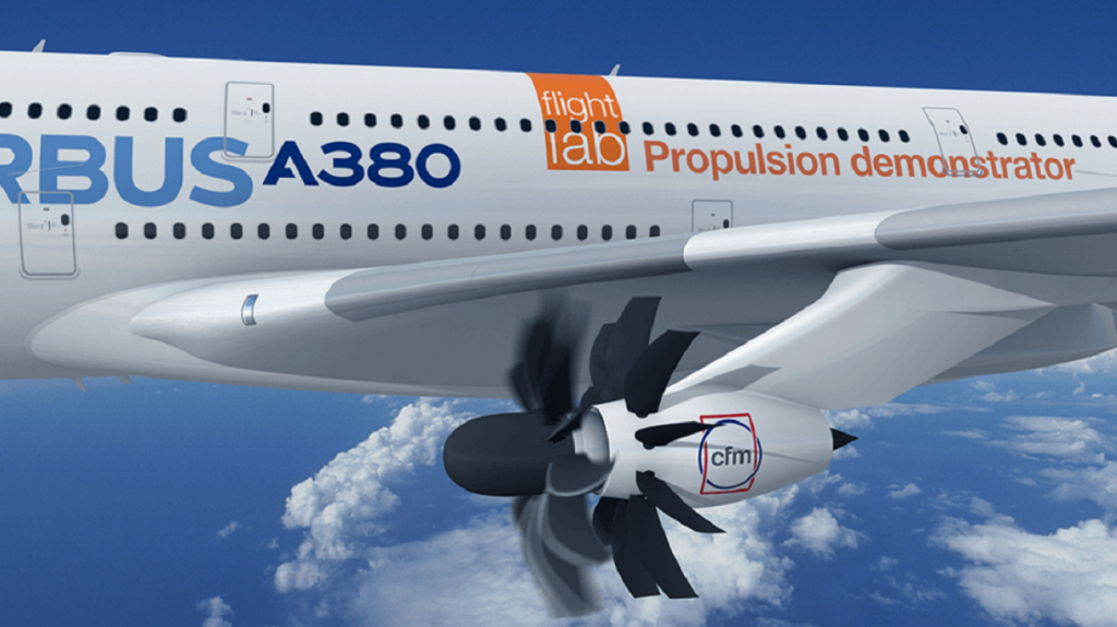 Conceptfbeelding van een Airbus A380 met turboprops