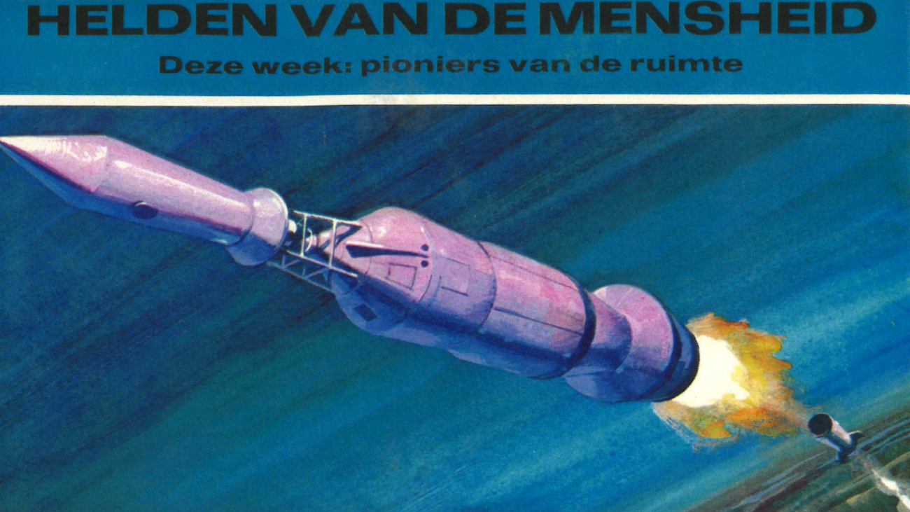 Eerste verhaal KIJK - getekende paarse raket met de kop: Helden van de mensheid - Deze week: pioniers van de ruimte