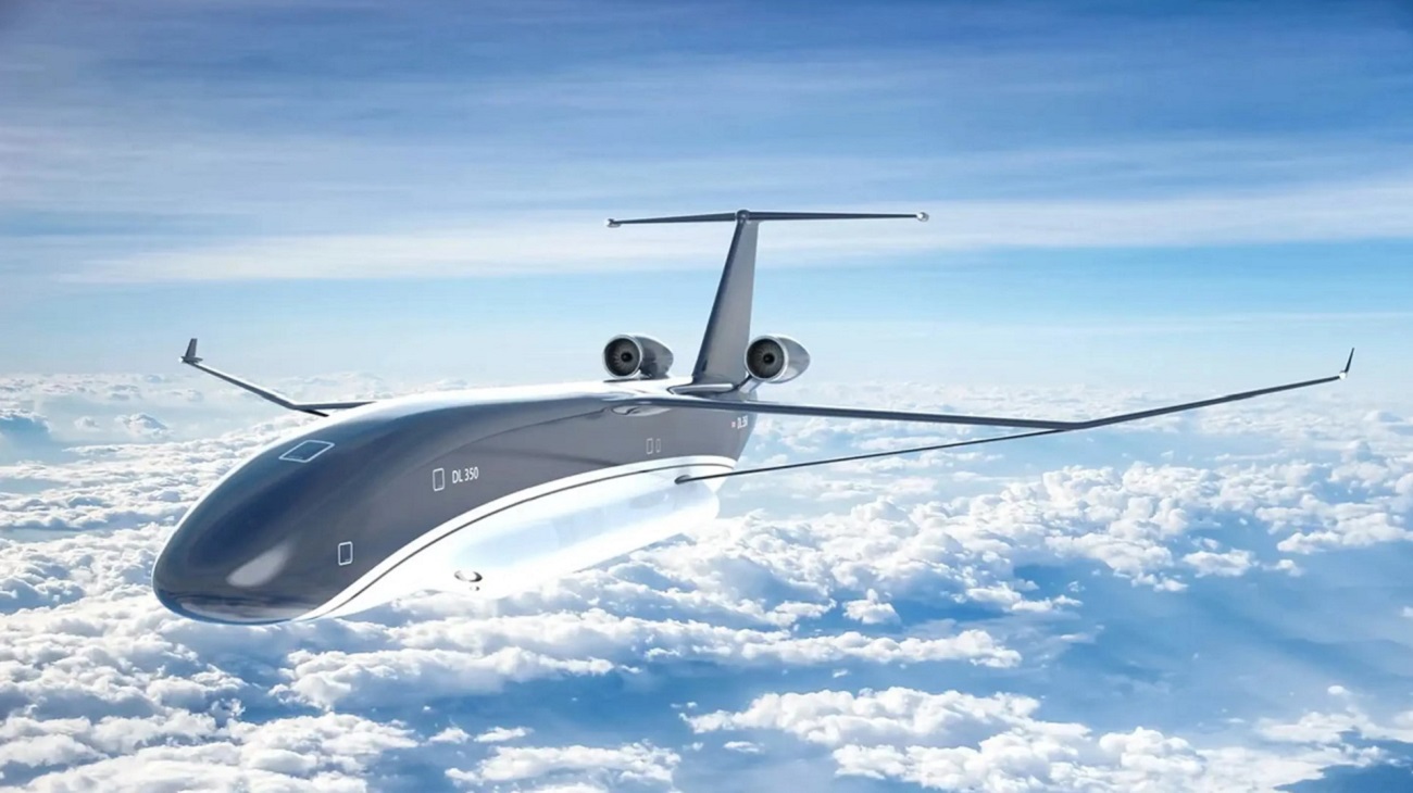 Conceptafbeelding van Droneliner vrachtvliegtuig in de lucht