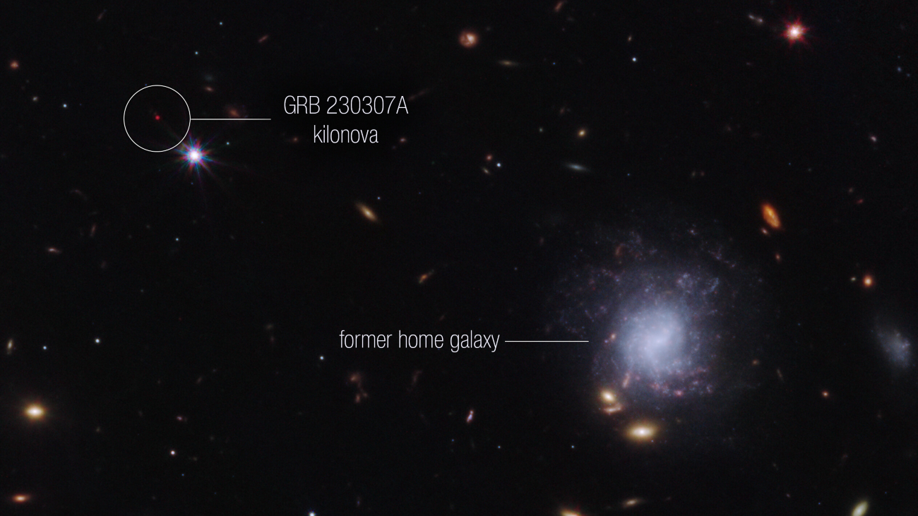 De locatie van de kilonova en het sterrenstelsel waaruit de samensmeltende neutronensterren vermoedelijk zijn verdreven