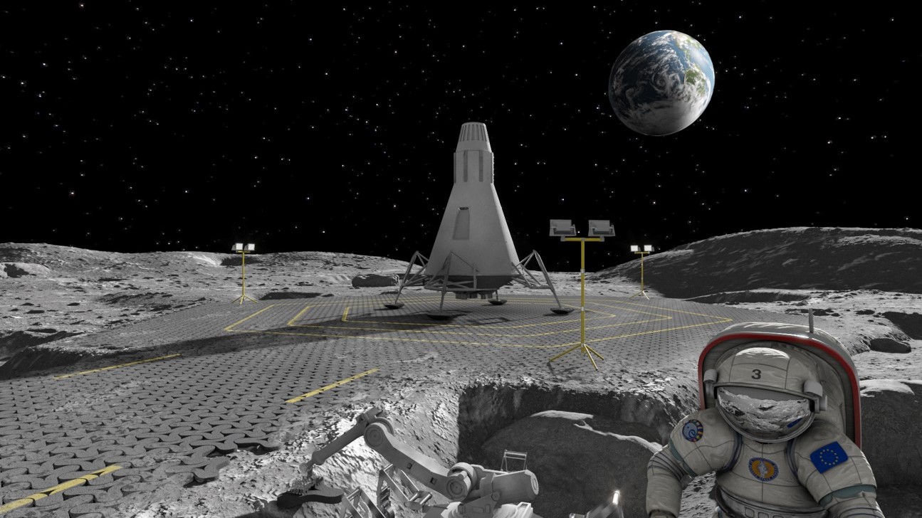 Conceptafbeelding van landingsplatform met weg op de maan