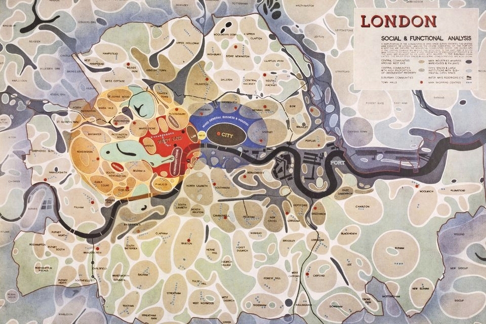 Bijzondere kaart van Londen die te zien is in de Mapping Modernity-tentoonstelling.