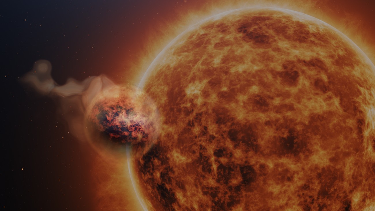 Artistieke impressie van exoplaneet WASP-107b die om zijn ster draait