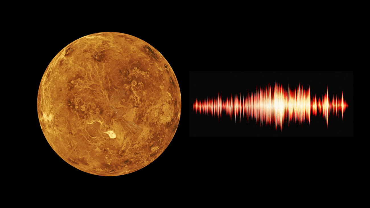 Goudgele planeet met rode geluidsgolven ernaast. Microfoons gaan steeds vaker mee op ruimtemissies.