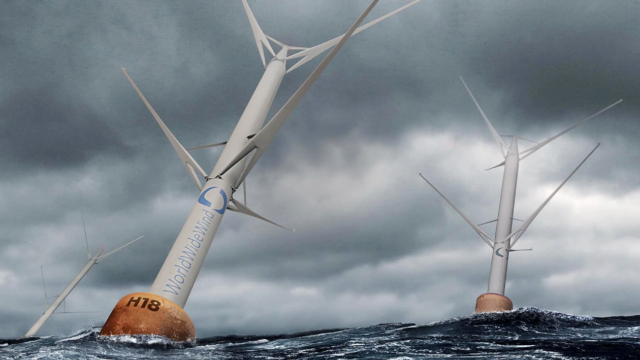 conceptafbeelding van drijvende windturbines op zee