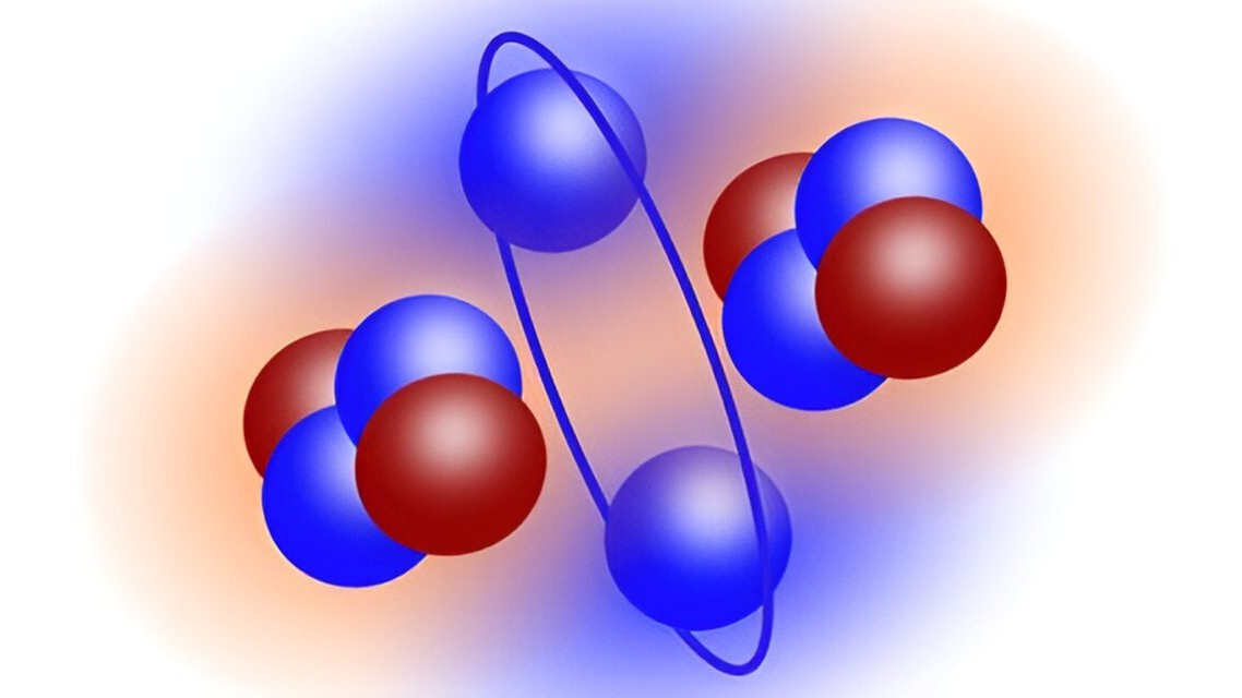Twee helium atoomkernen en twee neutronen vormen een beryllium-10-kern.