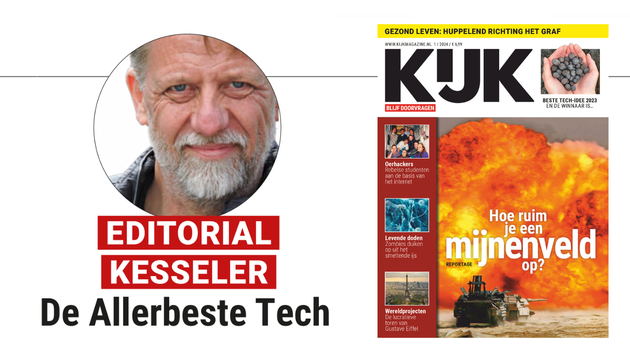 Portret van hoofdredacteur André Kesseler en de cover van KIJK 1/2024 waarin de winnaars van het beste tech-idee staan