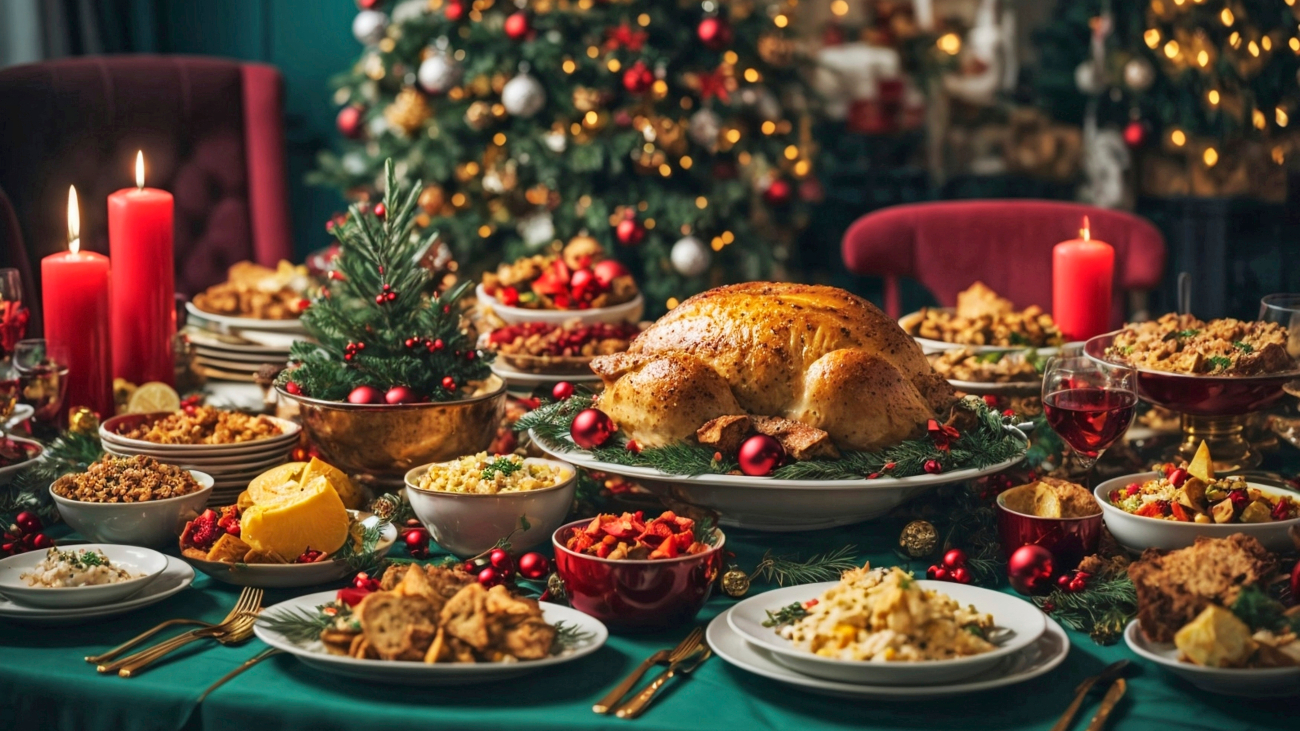 Veel voedsel op tafel voor een kerstboom. Hoe ongezond is kerst?