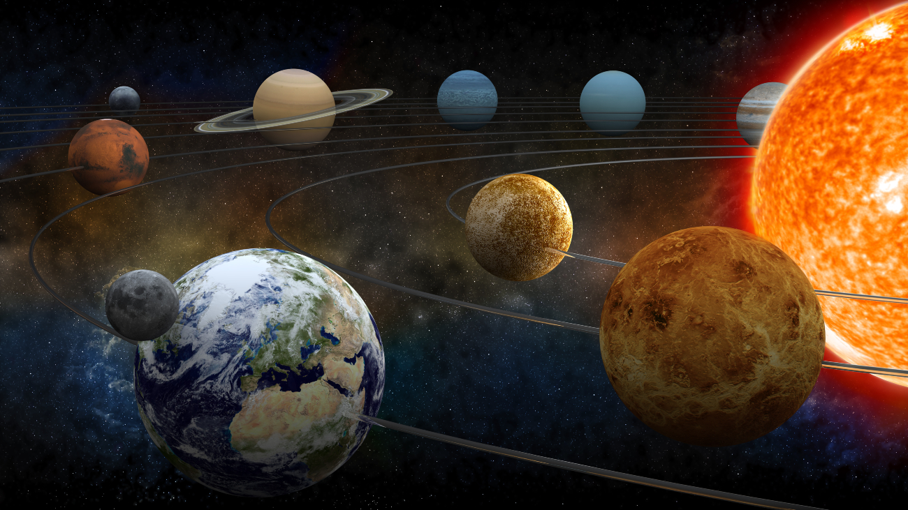 De acht planeten in ons zonnestel plus Pluto en onze maan.