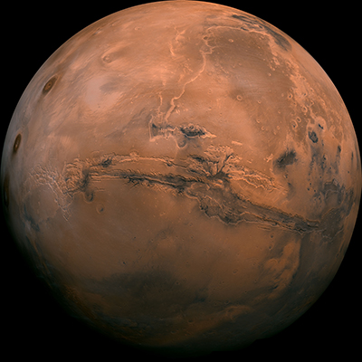 Mars appears orange-red.