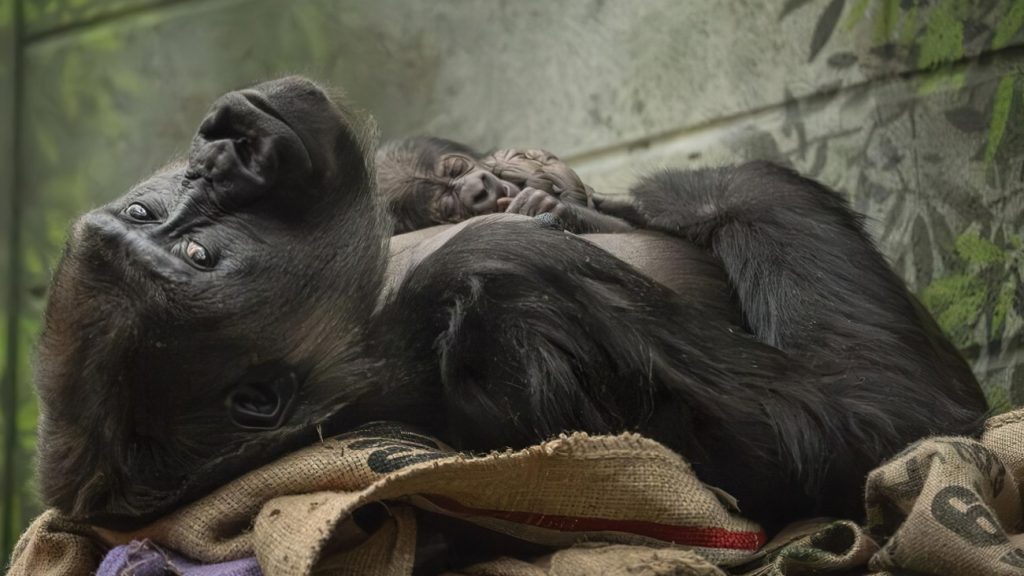 Gorilla Mjukuu ligt op haar rug, kijkt in de camera, en heeft haar slapende baby op haar borst.