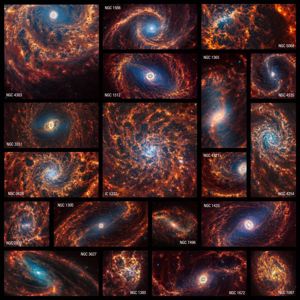 De negentien spiraalvormige sterrenstelsels die James Webb op de gevoelige plaat geeft gezet. 