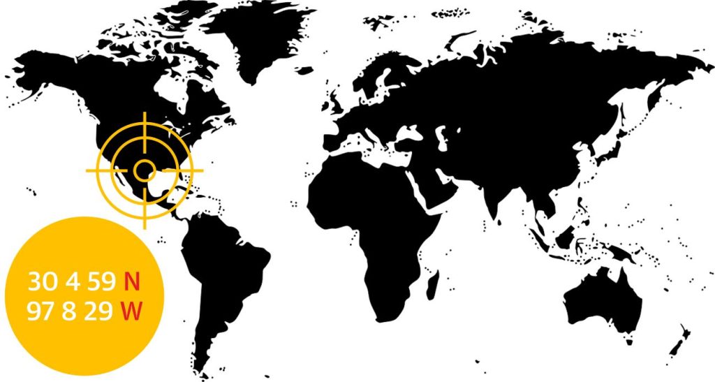 Wereldkaart en coördinaten van de letters Luecke