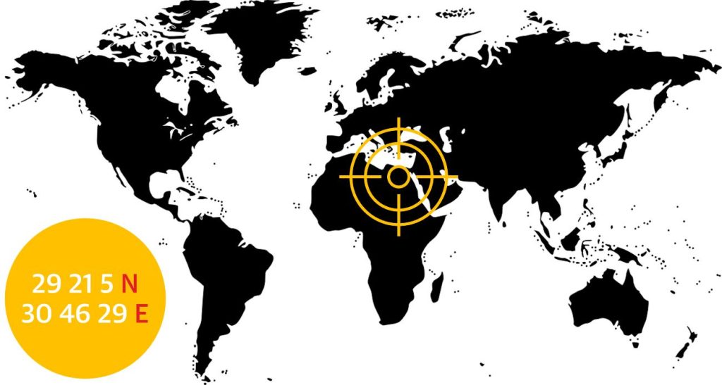 Wereldkaart met locatie en coördinaten van de Fajoemoase