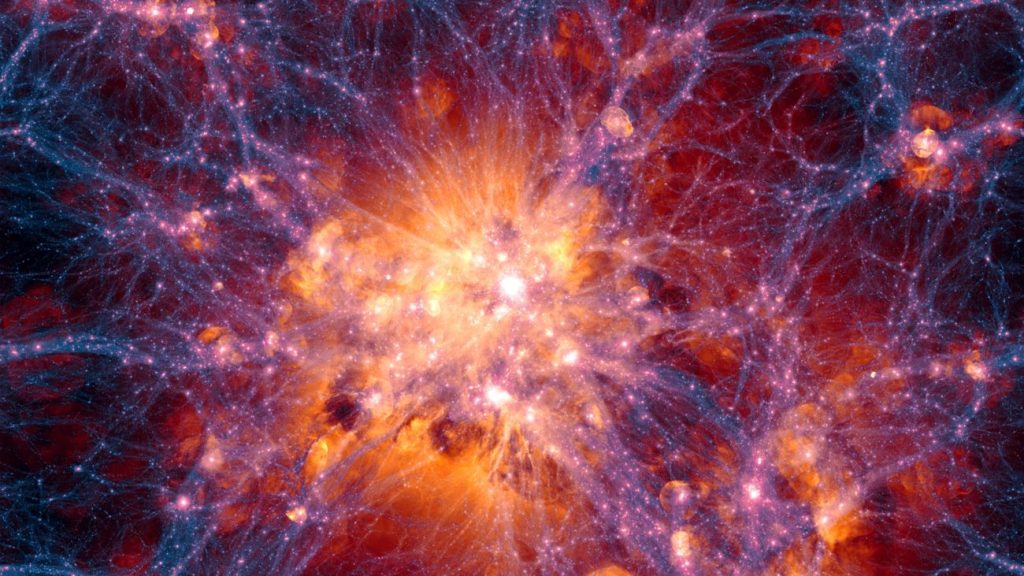 Visualisatie van gas (oranje) en donkere materie (blauw) in de ruimte, donkere materie is in het echt onzichtbaar en bestaat misschien uit spookdeeltjes.