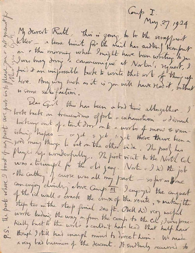 Eerste pagina van de laatste brief van George Mallory aan Ruth Mallory, 27 mei 1924.