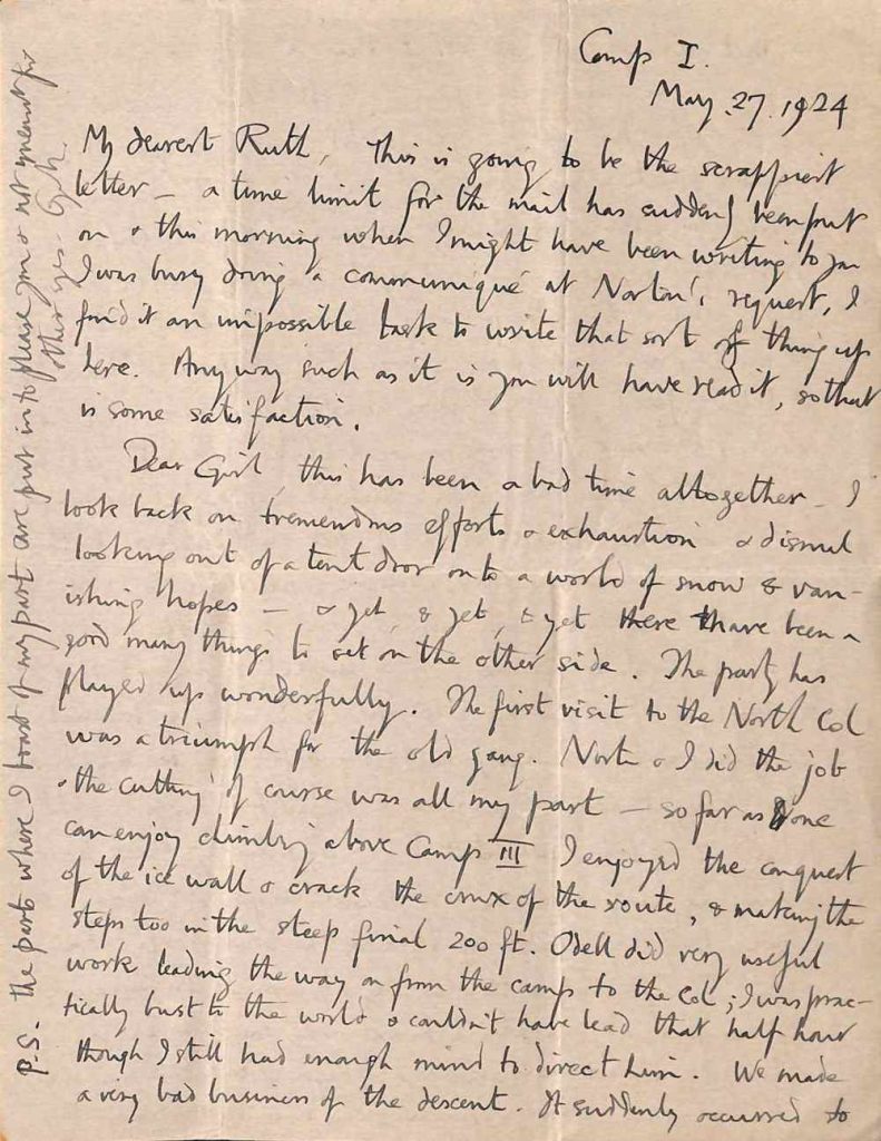 Eerste pagina van de laatste brief van George Mallory aan Ruth Mallory, 27 mei 1924.