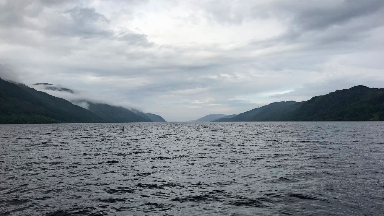Foto van Loch Ness met in de verte iets wat lijkt op het monster