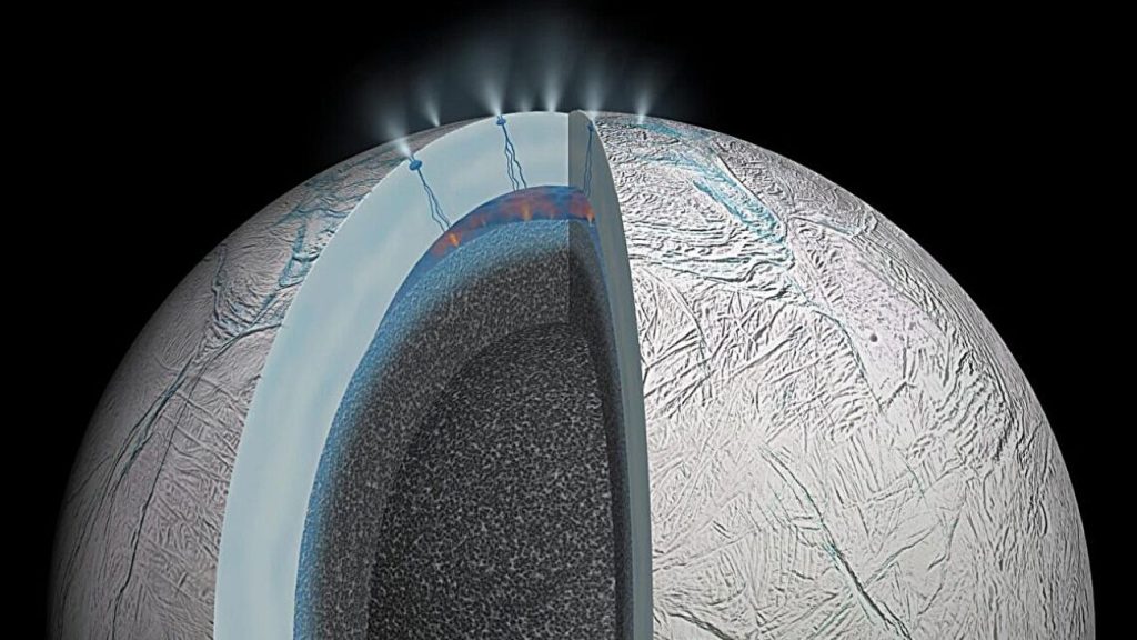 Een tekening van Saturnusmaan Enceladus met geisers van ijs en gas, toekomstige missies kunnen daar buitenaardse bacteriën in vinden