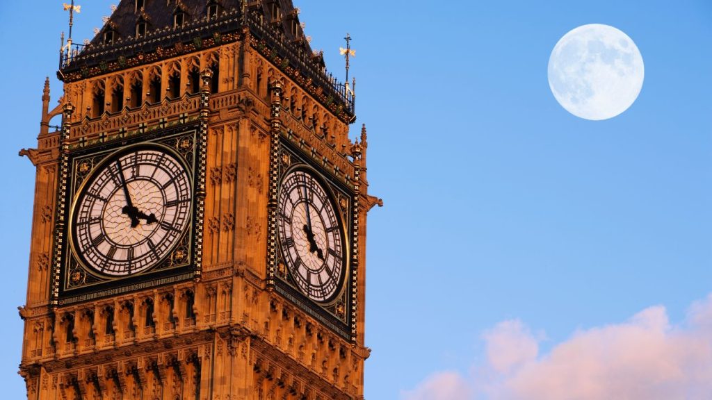 De klok van de Big Ben en de maan, standaardtijd