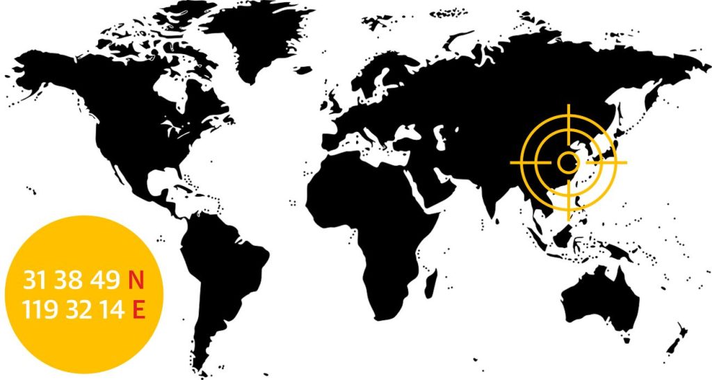 Wereldkaart met locatie en coördinaten van het Changdangmeer met kunstwerk van een soort kosmologische morsetekens. 