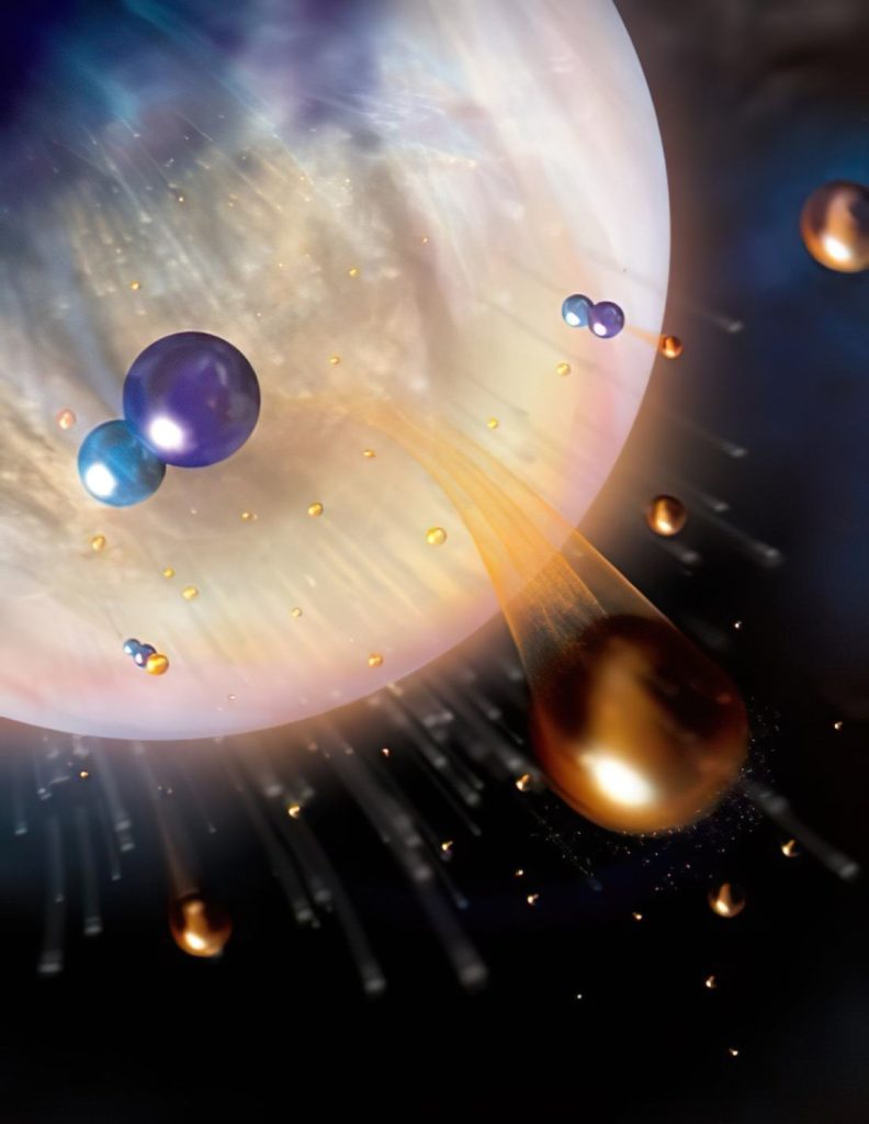 Artistieke impressie van HCO+ rond Venus dat splitst in waterstof (H, oranje) en koolstofmonoxide (blauw). De snelle waterstofatomen gebruiken de CO-atomen als een soort lanceerplatform om naar de ruimte te ontsnappen.