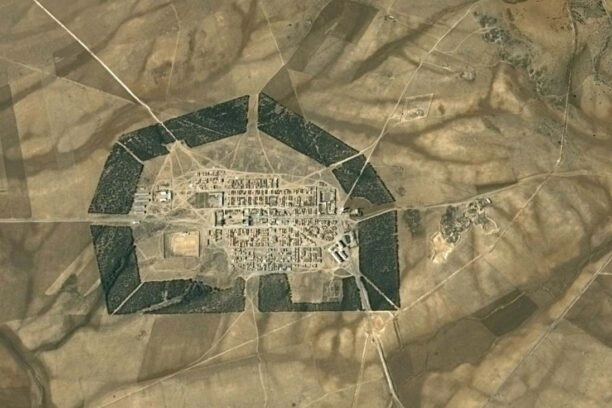 Satellietfoto van Maamora, een dorpje dat is omringd door een raar bos.