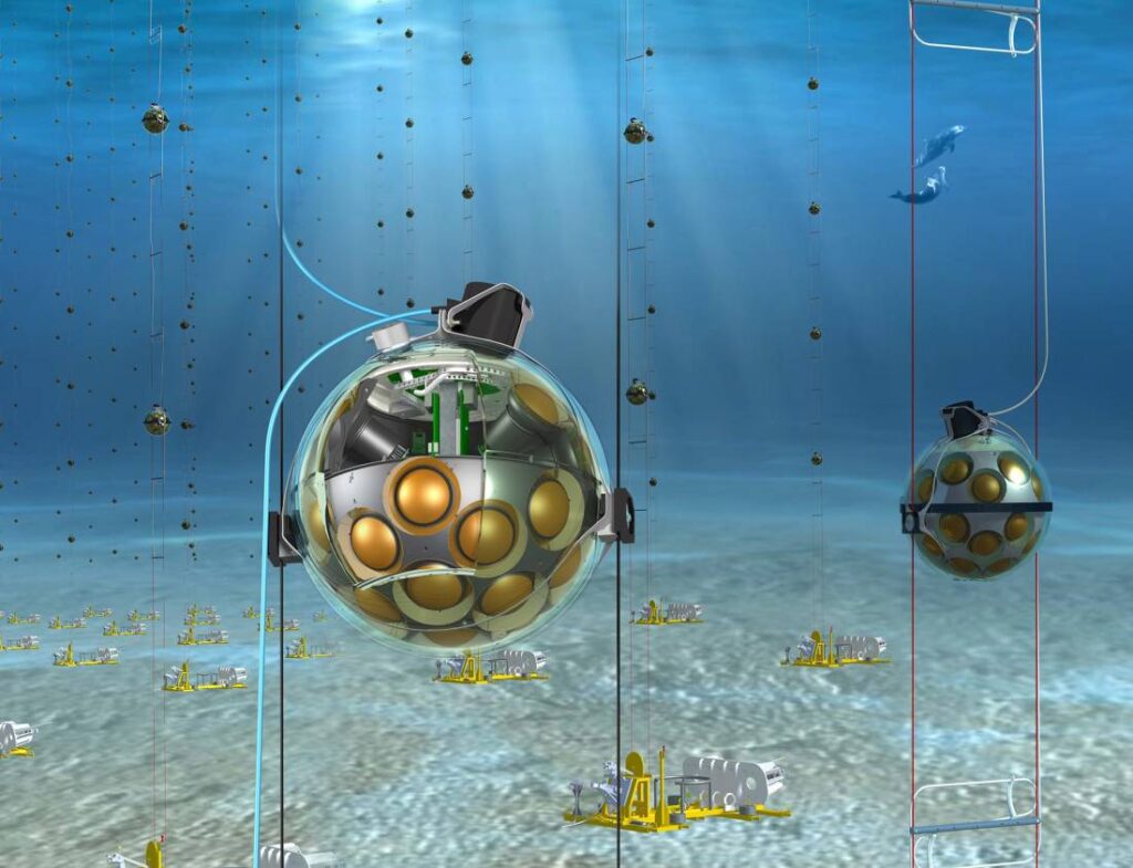 Illustratie van KM3NeT, die de neutrino heeft gemeten