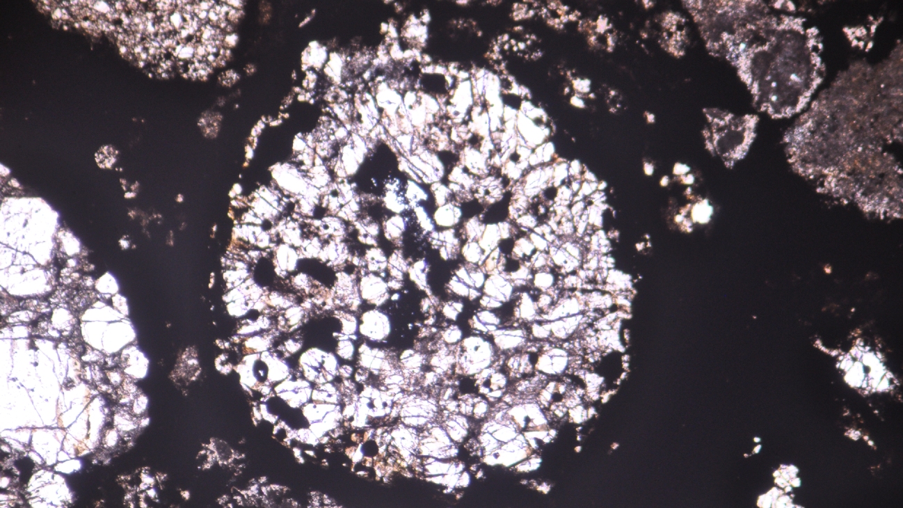 Microscopiefoto van chondrulen (druppels van gesmolten rots) in een plakje van de Allende-meteoriet.