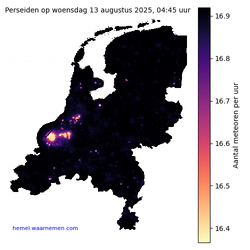 Kaart van Nederland met hoeveel meteoren er te zien zullen zijn