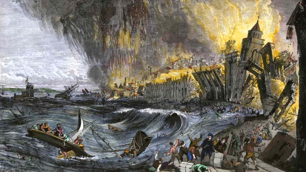 Schilderij van chaos in Lissabon na aardbeving in 1755, hoge golven en veel vuur