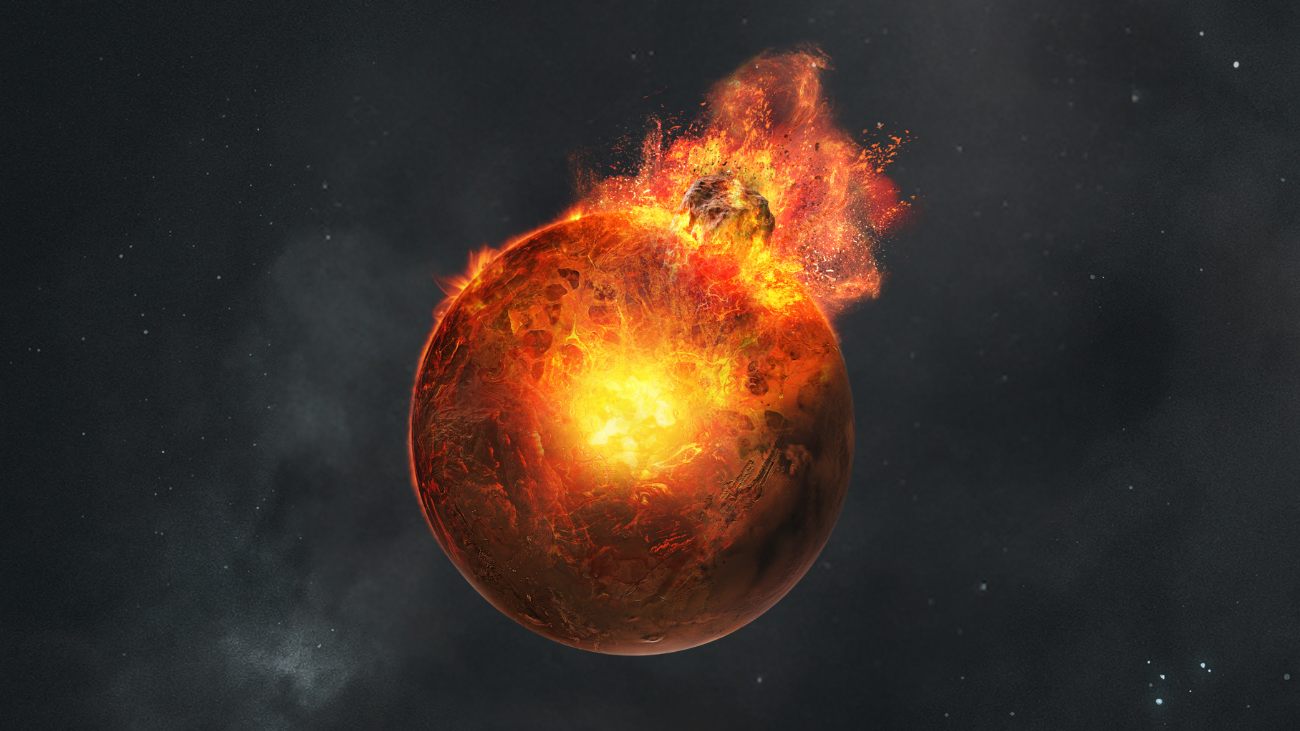 Illustratie van een groot object dat inslaat op een jonge Mars