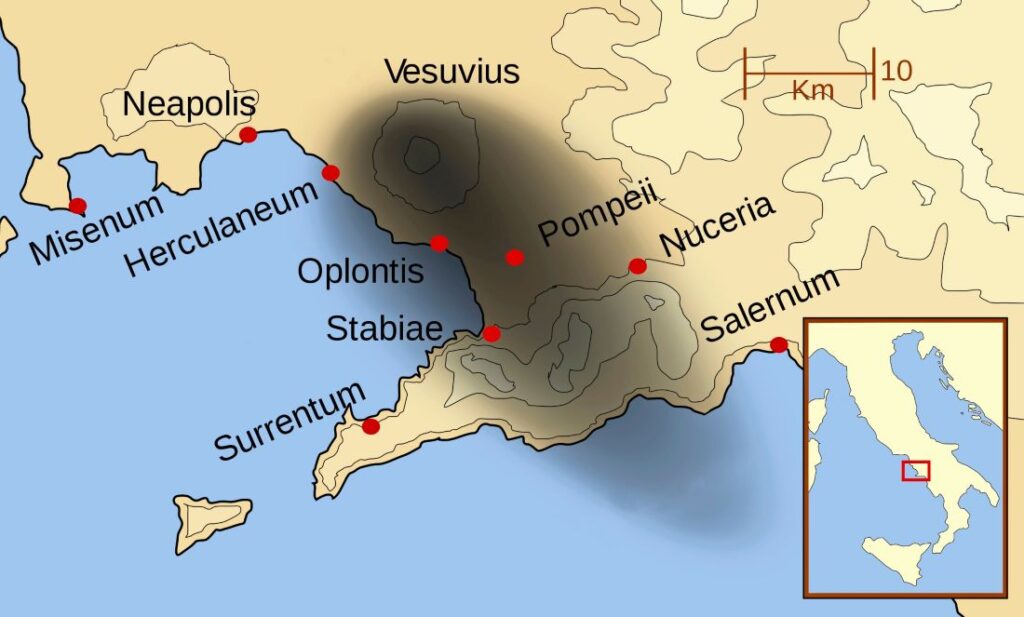 Kaart met getroffen gebied van de uitbarsting van de Vesuvius