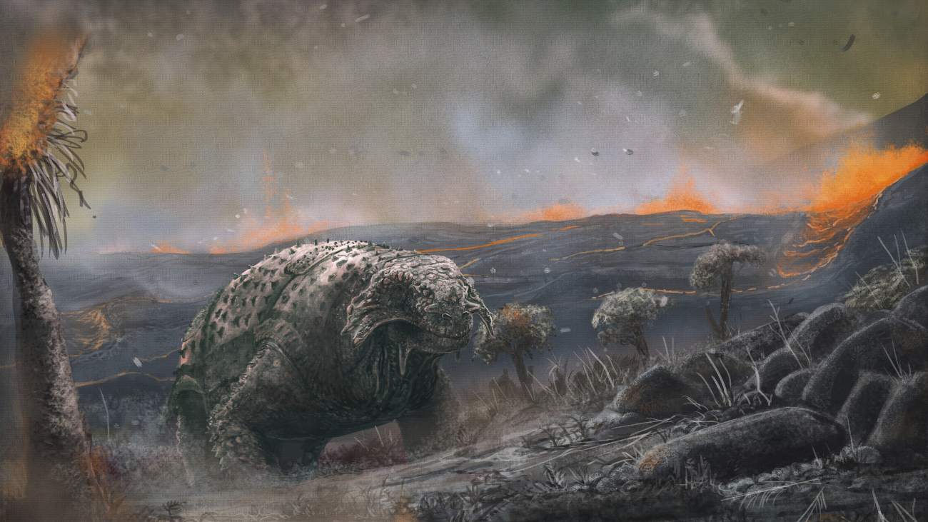 Illustratie van het uitgestorven reptiel Scutosaurus tijdens de perm-trias-extinctie