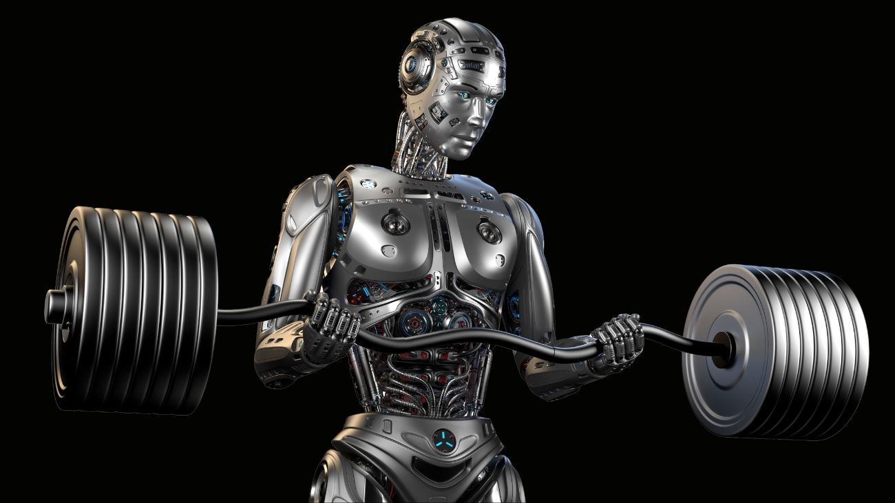 render van een robot die zijn 'spieren' traint door zware gewichten te tillen